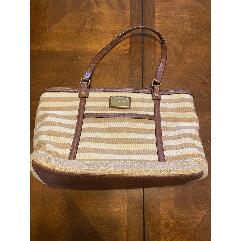 Dana Buchman Tan White Striped Woven Purse Brown Leather Neutral Preppy Beach Y2